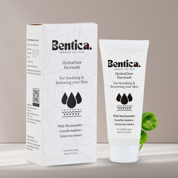 Bentica Hydraglow Facewash with packaging featuring niacinamide and green tea extract for hydrating skincare