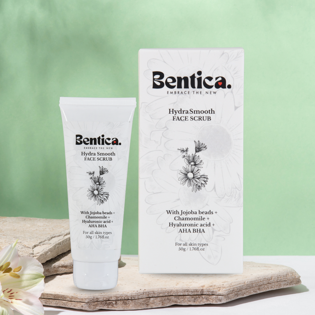 Bentica HydraSmooth Scrub exfoliating face scrub with jojoba beads and milk extract