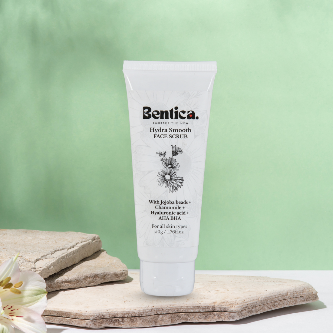 Bentica HydraSmooth Scrub exfoliating face scrub with jojoba beads and milk extract