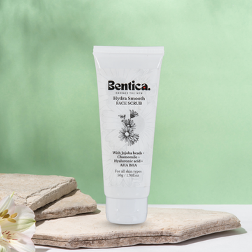 Bentica HydraSmooth Scrub exfoliating face scrub with jojoba beads and milk extract