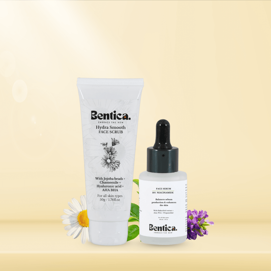 Bentica Clear Skin Combo with HydraSmooth Face Scrub and niacinamide serum for exfoliated clear and even-toned skin