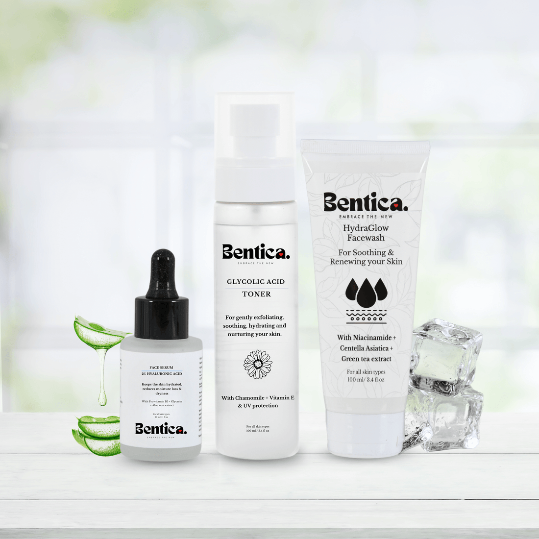 Bentica Daily Glow Bundle with HydraGlow Facewash HydraFresh Toner and hyaluronic acid serum for glowing skin