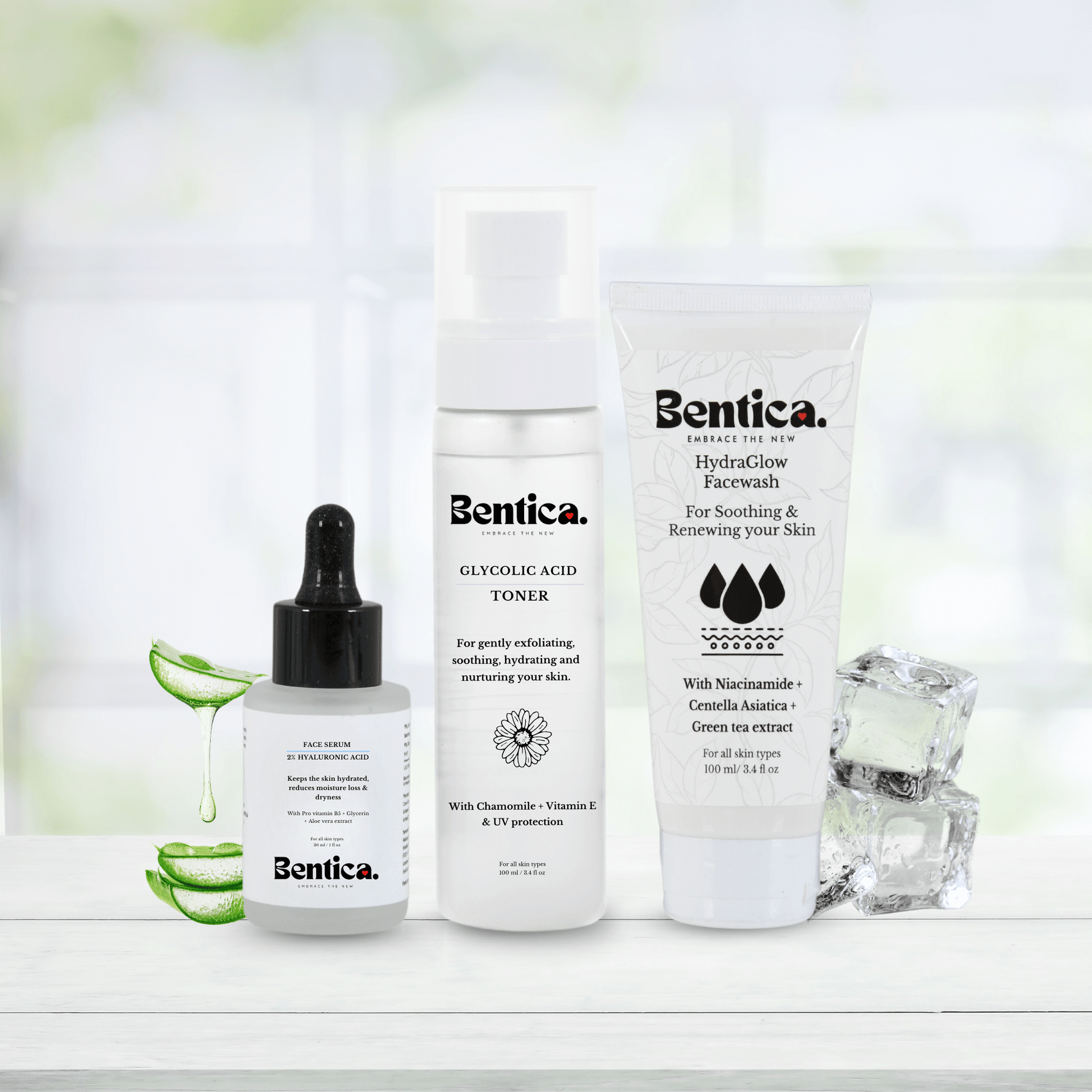 Bentica Daily Glow Bundle with HydraGlow Facewash HydraFresh Toner and hyaluronic acid serum for glowing skin