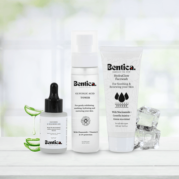 Bentica Daily Glow Bundle with HydraGlow Facewash HydraFresh Toner and hyaluronic acid serum for glowing skin
