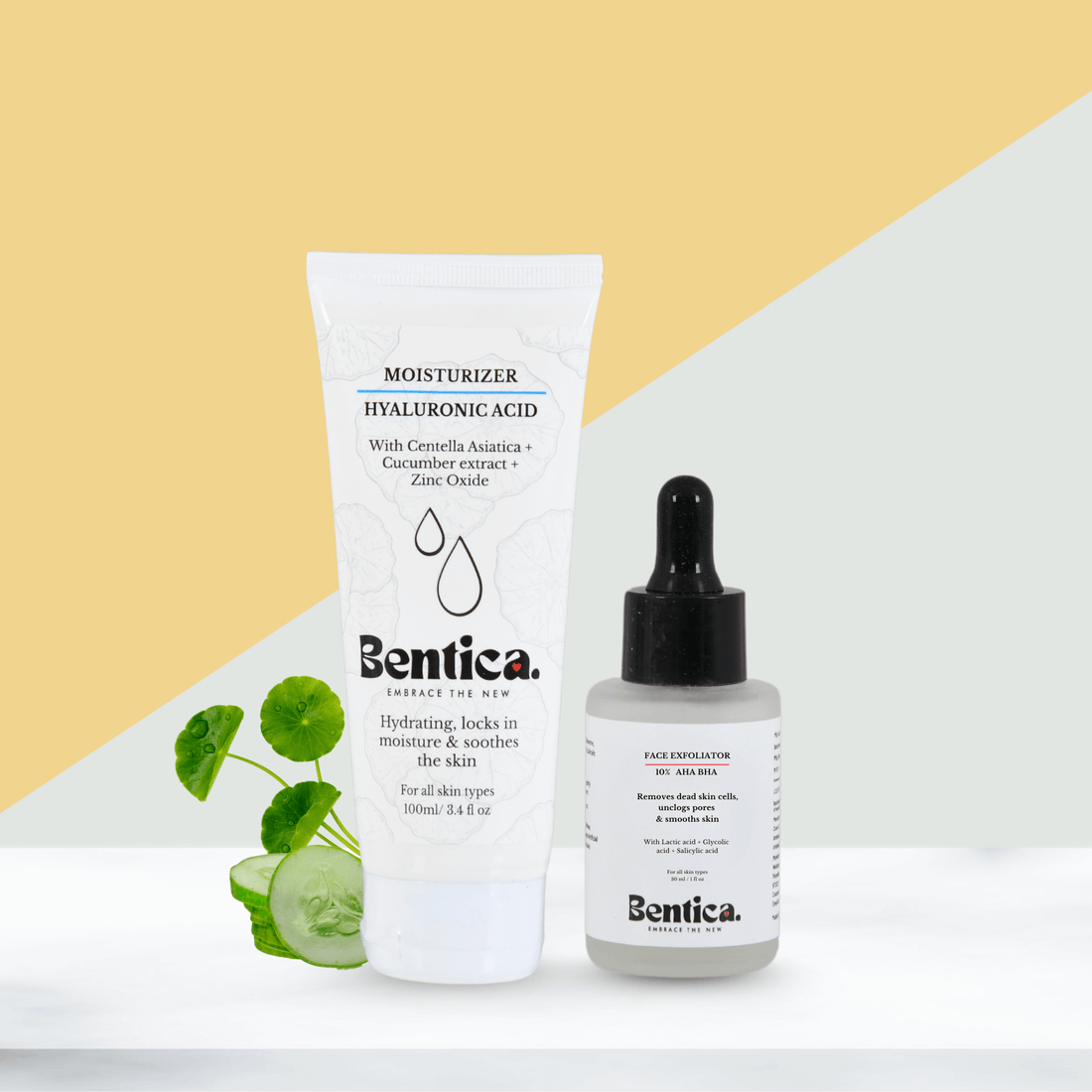 Bentica Exfoliation Essentials with AHA BHA exfoliating serum and Hydramist moisturizer for smooth radiant skin