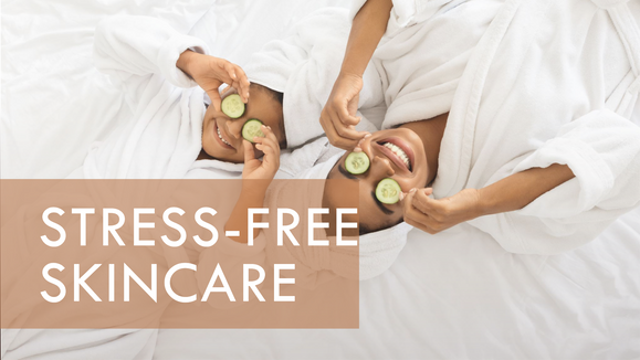 Healthy diet and skincare products promoting stress-free and glowing skin.