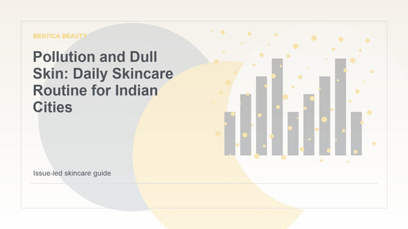 Illustration of city pollution particles and dull skin with a daily glow skincare routine