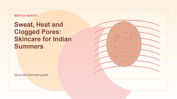 Illustration of summer heat, sweat, and clogged pores for Indian skincare routines
