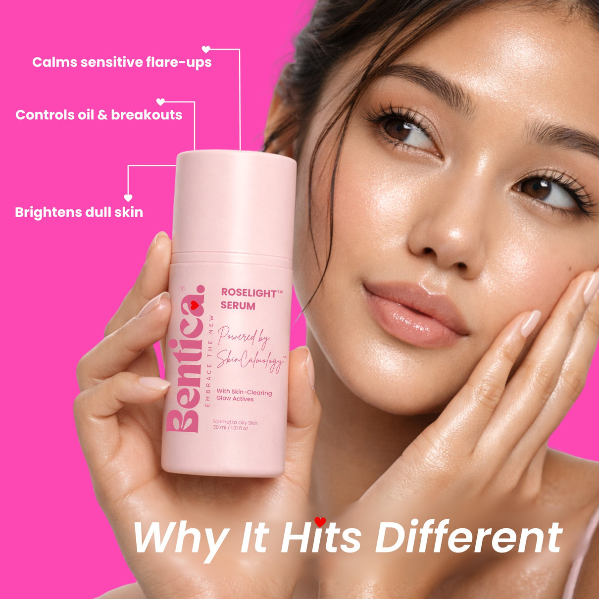 Woman holding a pink skincare serum bottle with text on a pink background