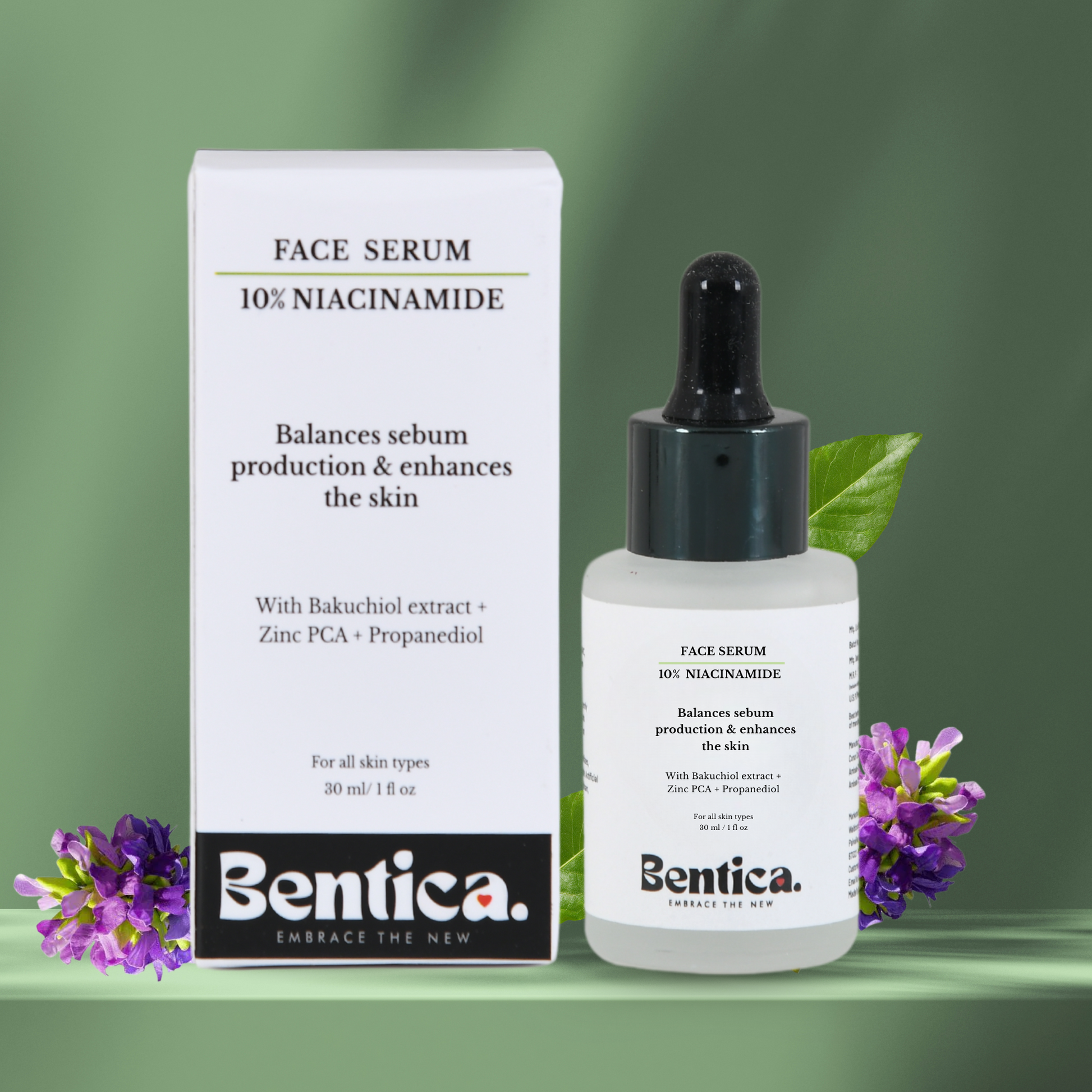 10 percent niacinamide serum by Bentica with bakuchiol and zincPCA for even skin tone