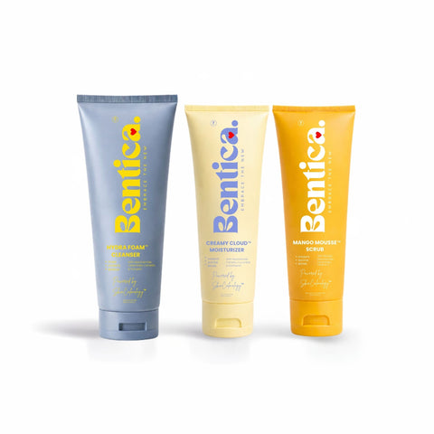 Three tubes of Bentica skincare products on a white background