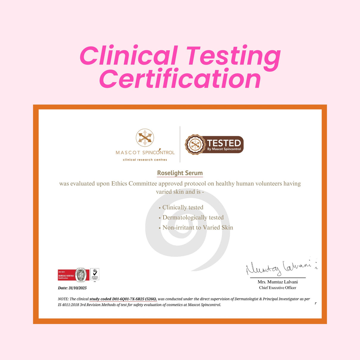 Clinical Testing Certification for Roselight Serum on a pink background