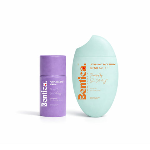 Bentica skincare products including a purple serum bottle and a green face fluid on a white background