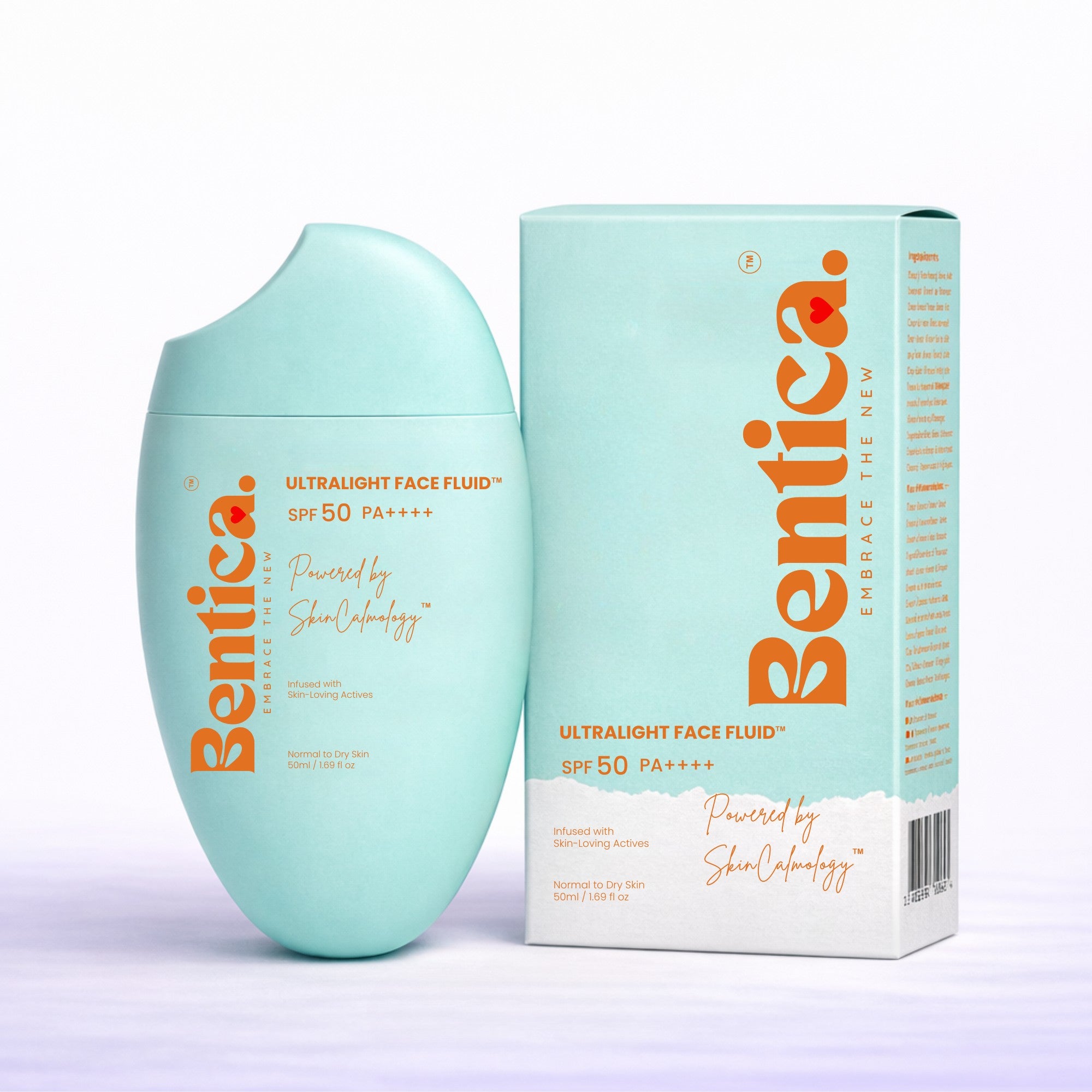 Bentica ultralight face fluid bottle and packaging on a white background