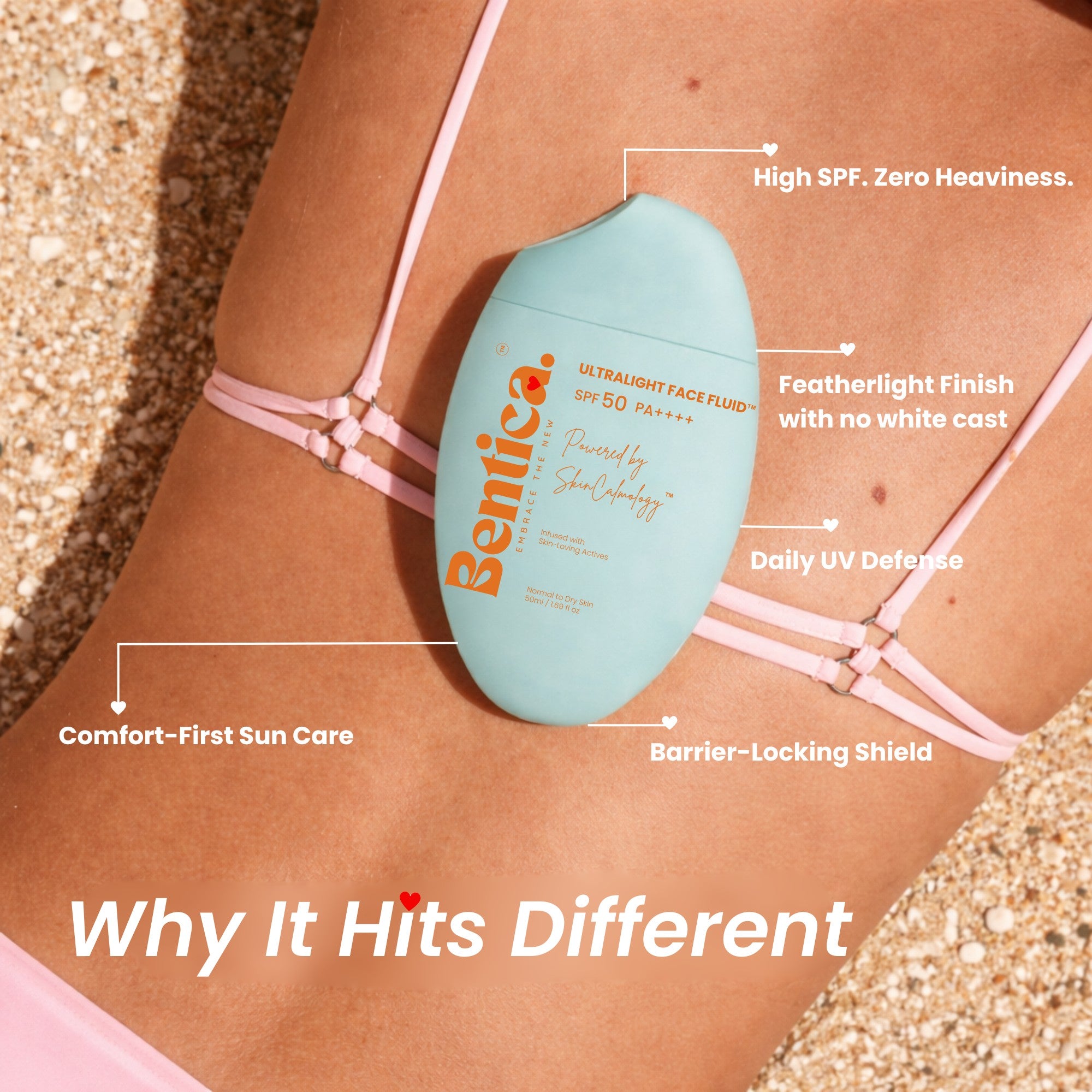 Bentica sunscreen pump on a person's arm with product features highlighted