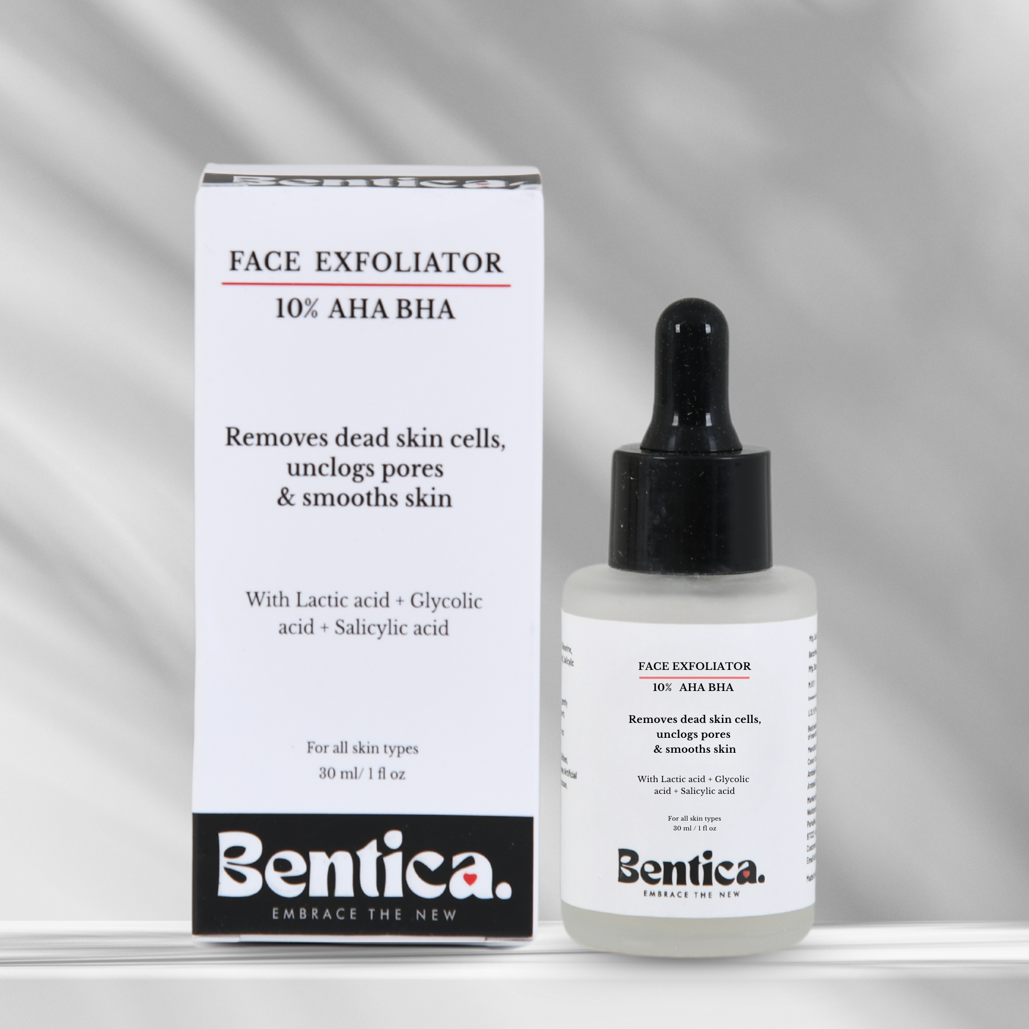 Bentica's AHA BHA Exfoliating Face Serum with package — Chamomile extract formula