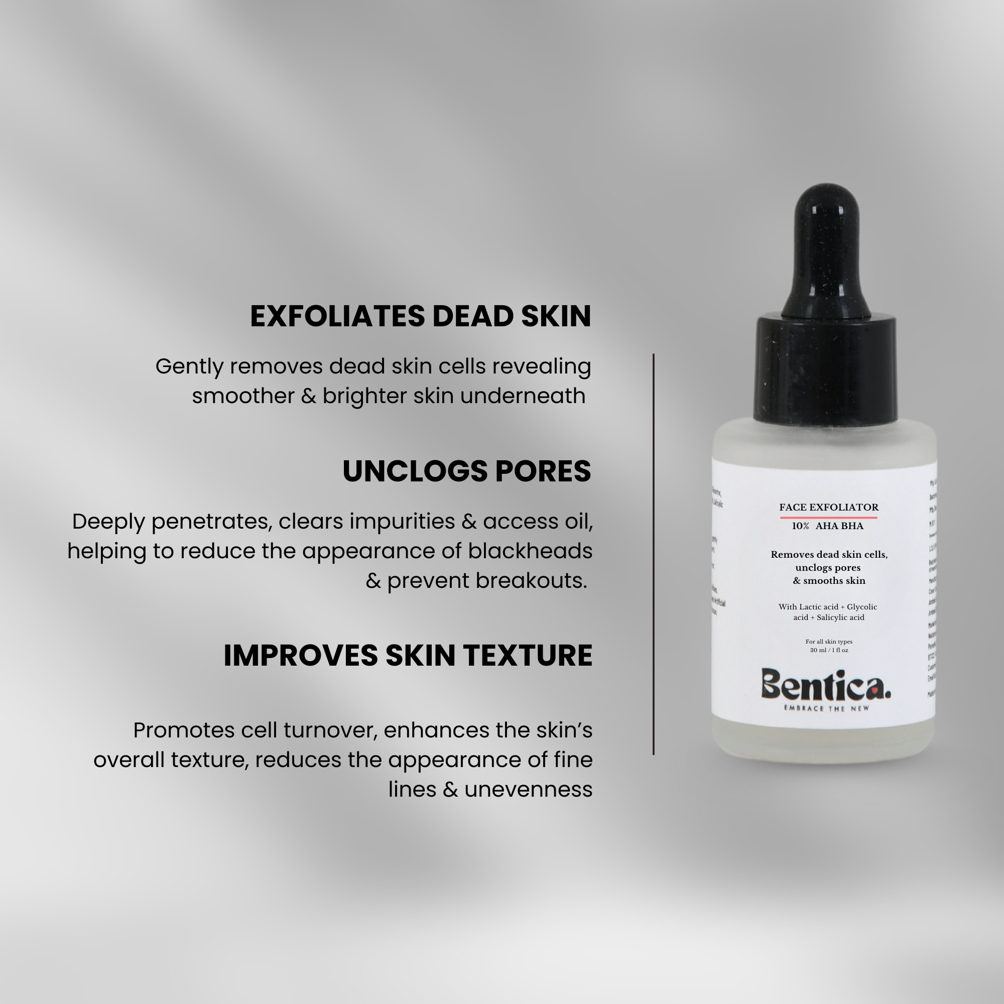 AHA BHA Exfoliating Serum suitable for acne-prone, dull, and textured skin