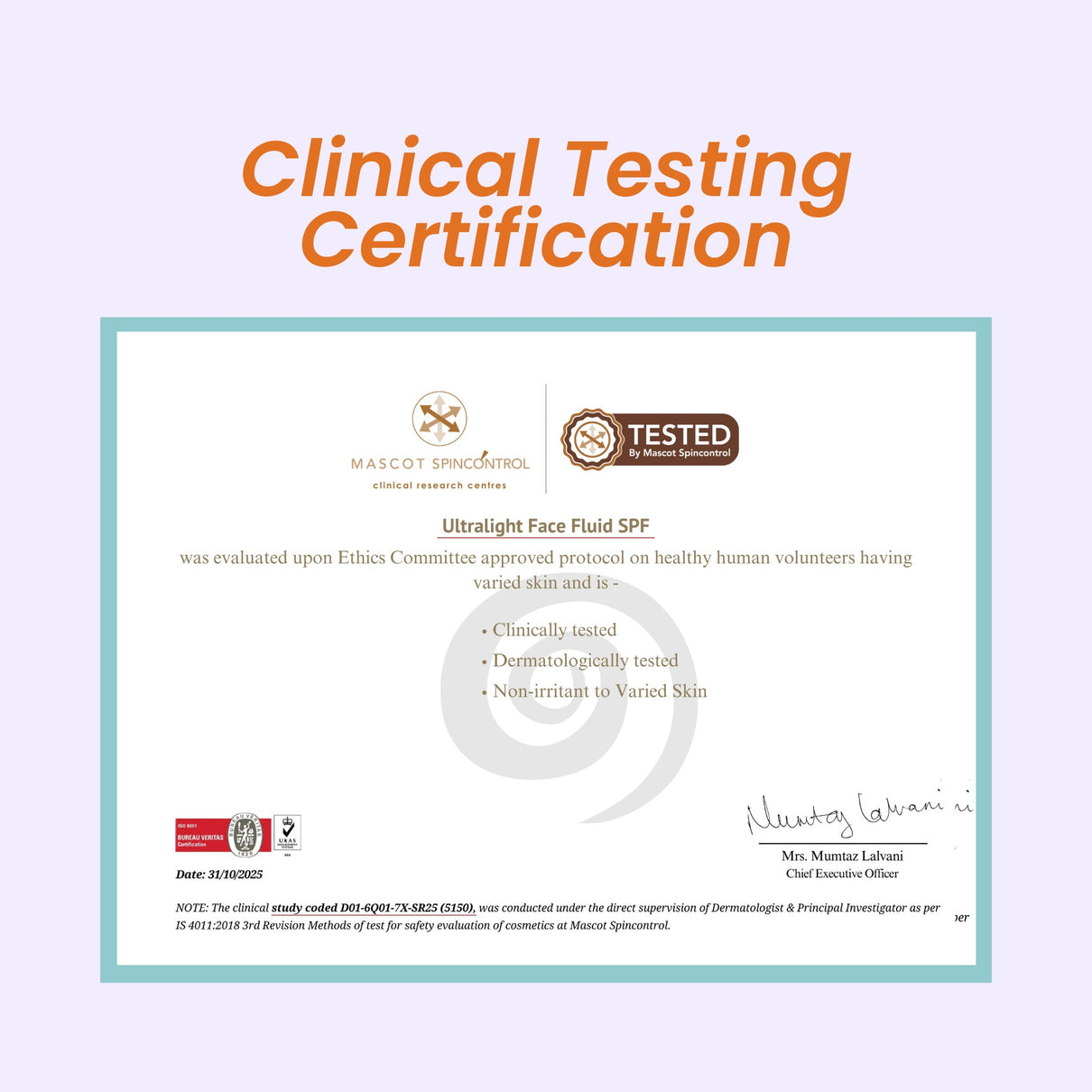 Clinical Testing Certification document with logos and text on a light purple background