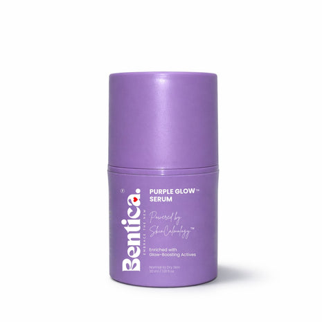 Purple serum bottle with 'Bentica' branding on a white background