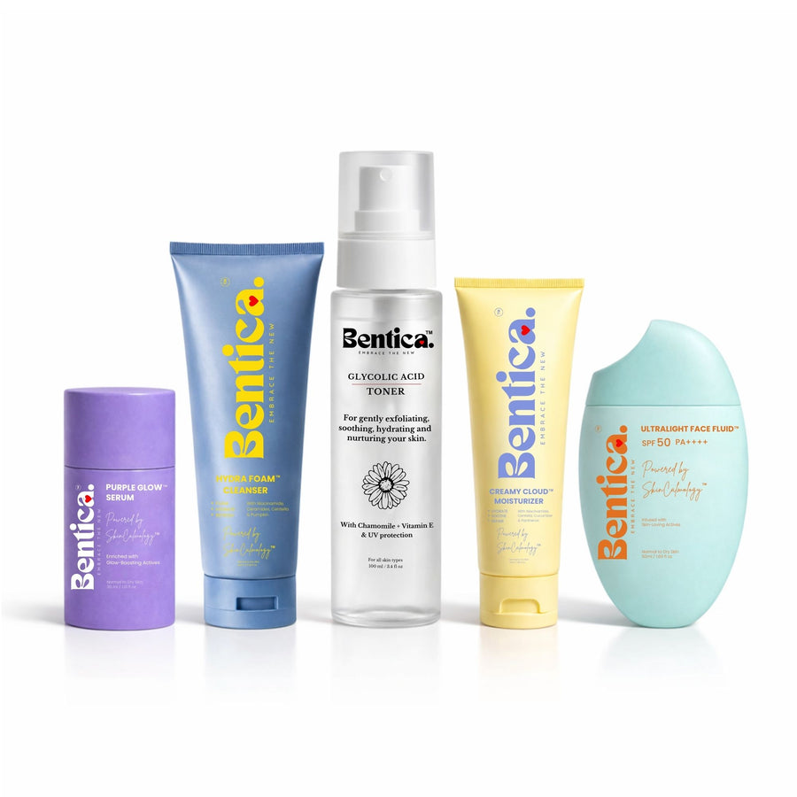 Collection of Bentica skincare products on a white background