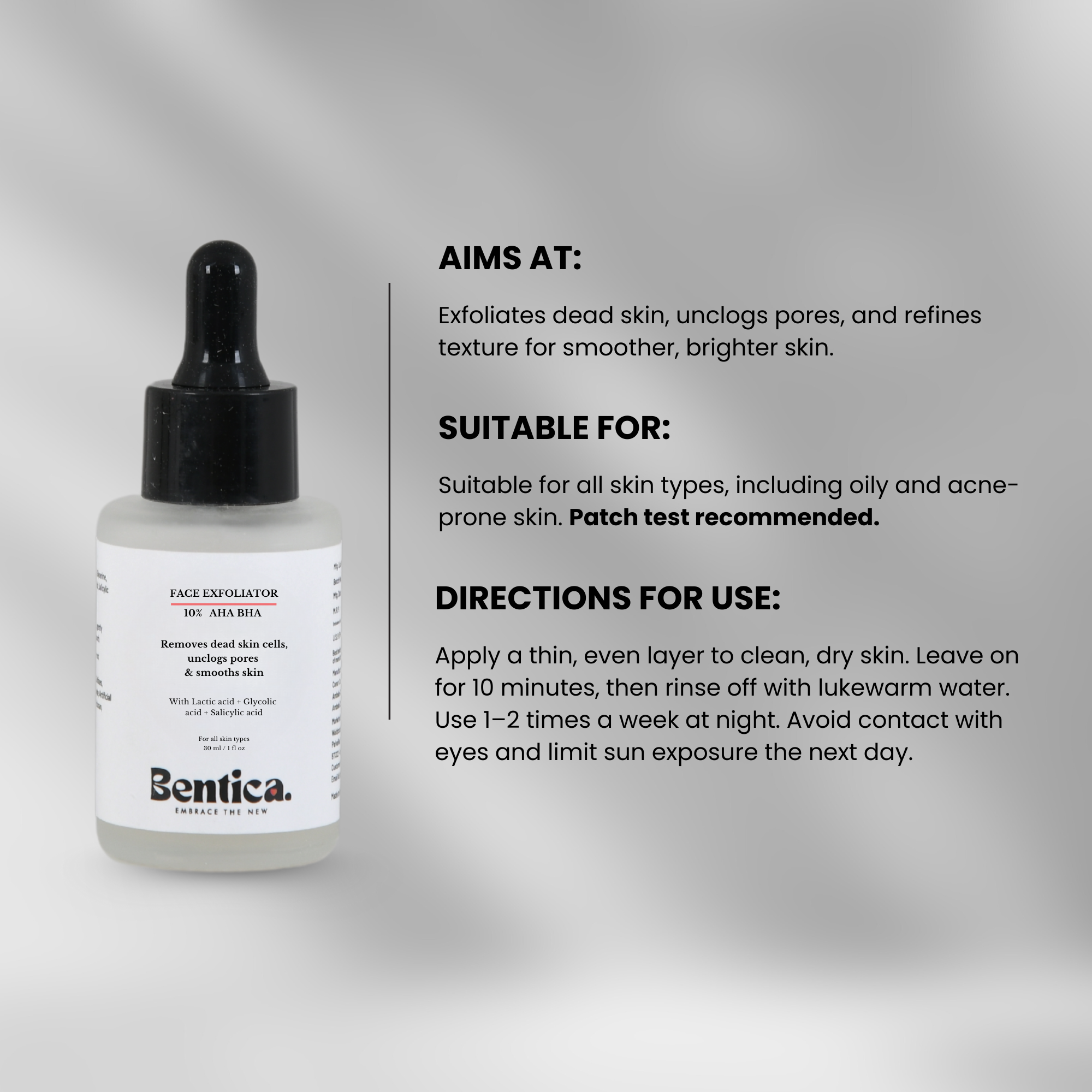 Directions to use Bentica AHA BHA Exfoliating Serum — safe and effective peeling solution