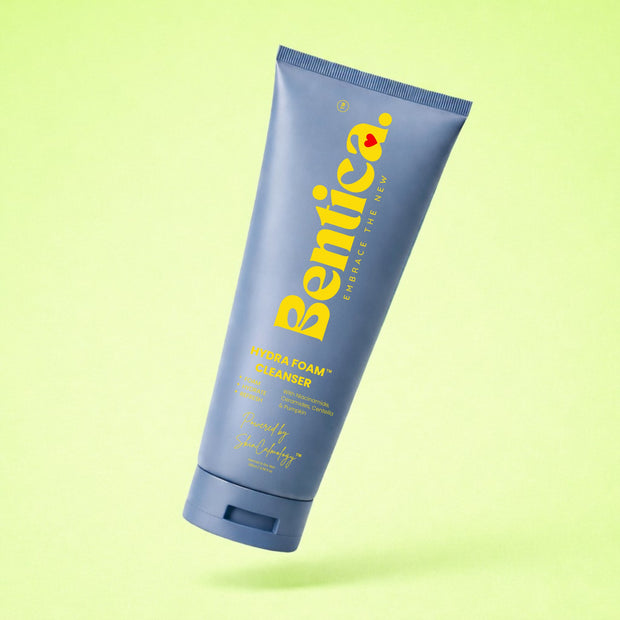 Blue tube of Bentica Hydra Foam Cleanser on a light green background