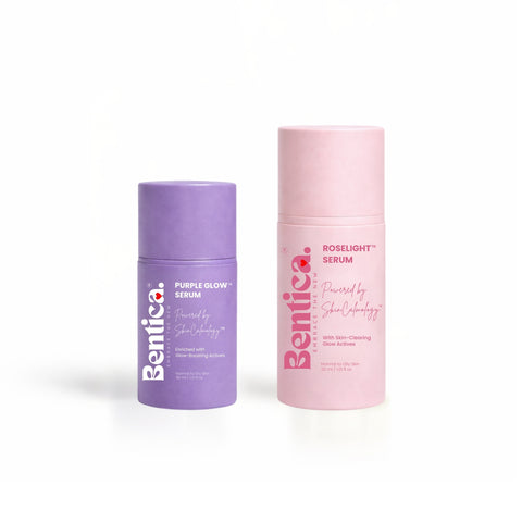 Two skincare serum bottles, one purple and one pink, with 'Bentica' branding on a white background.