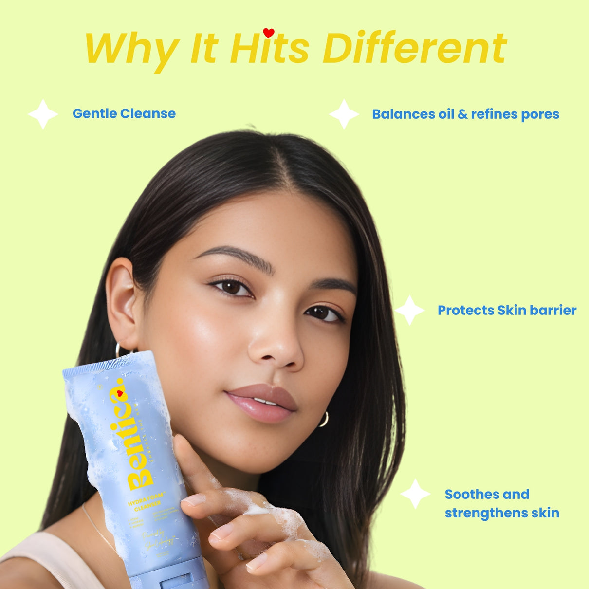 Woman holding a skincare product with text about its benefits on a light green background