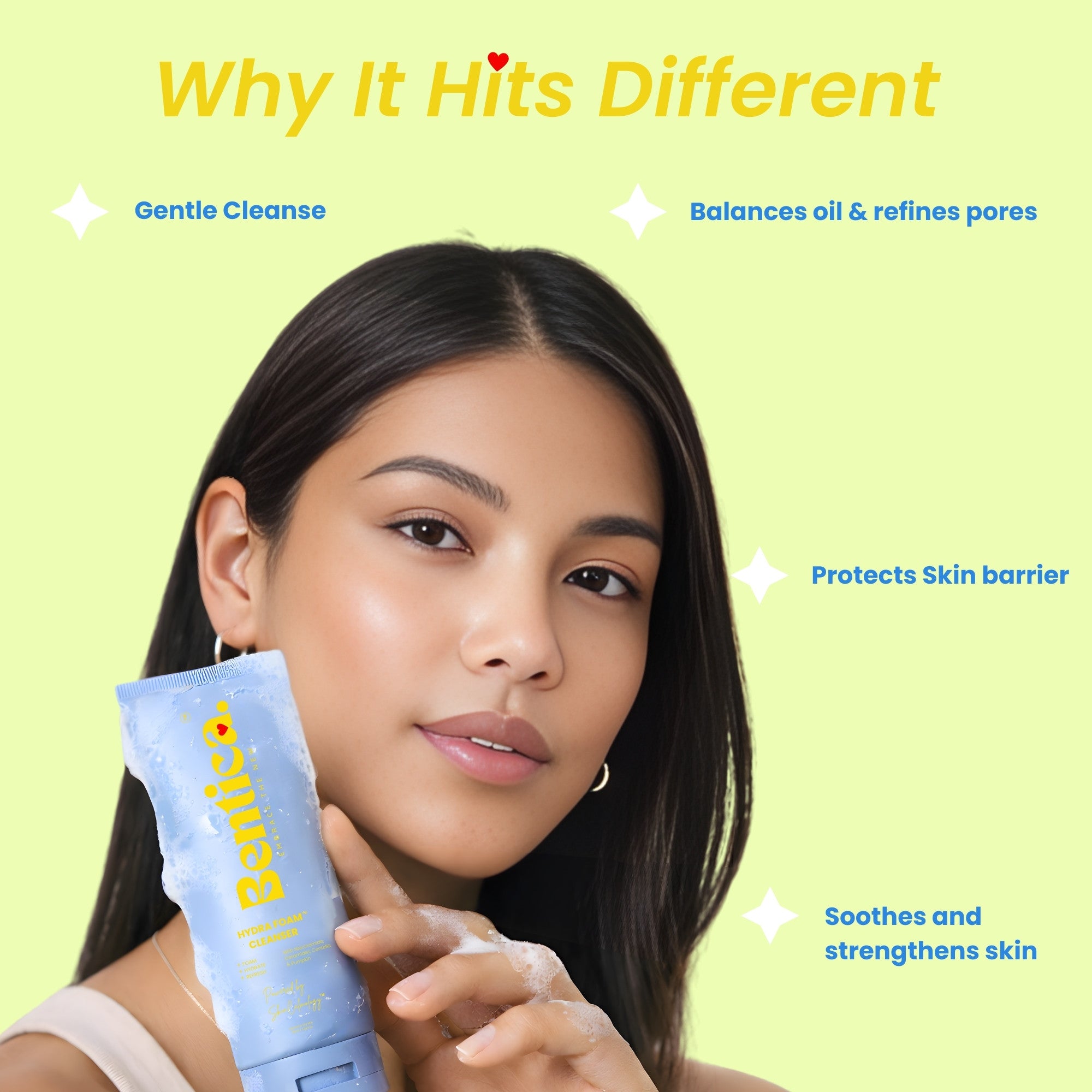 Woman holding a skincare product with text about its benefits on a light green background