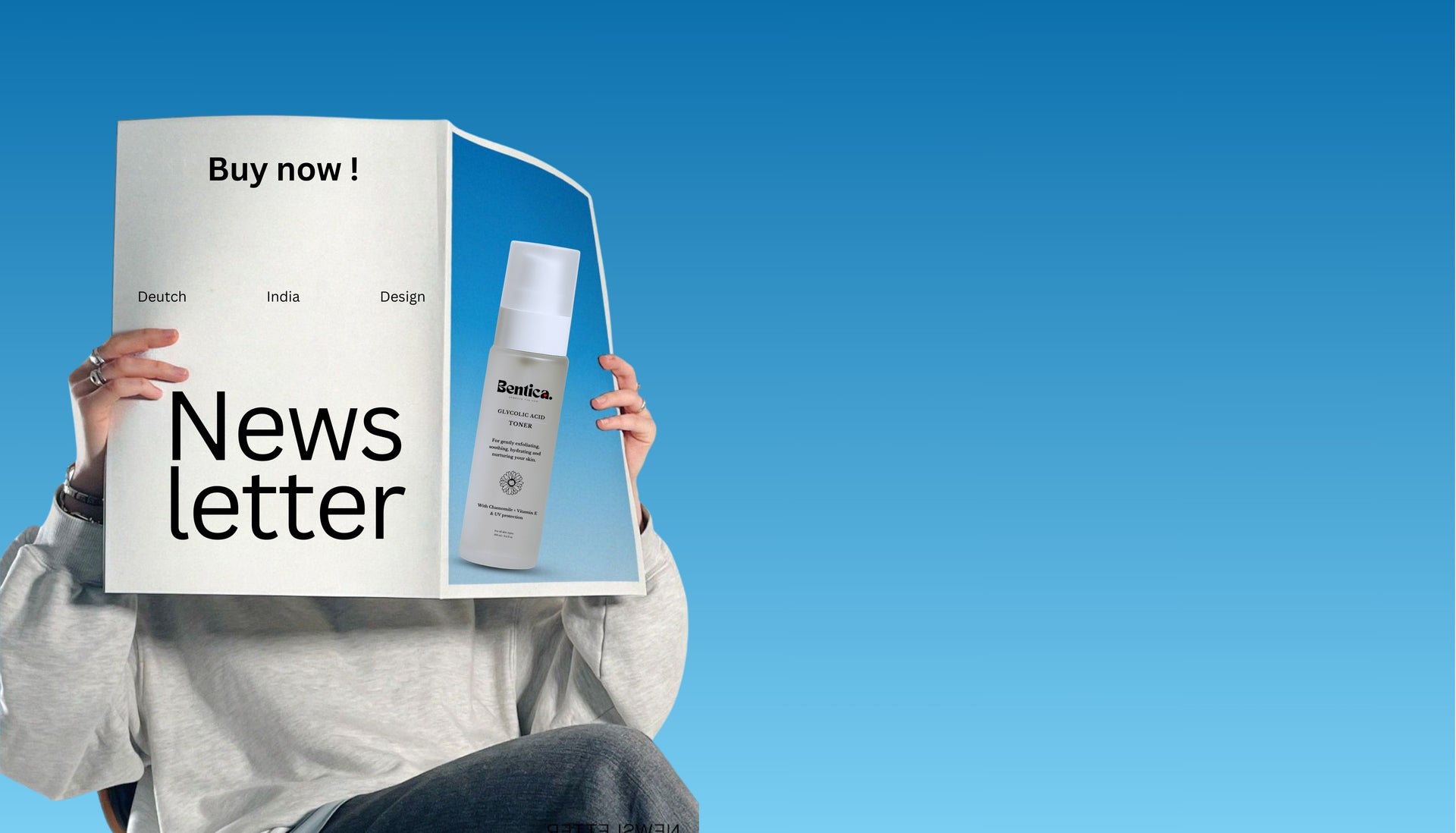 Person holding a newspaper with a product advertisement on a blue background