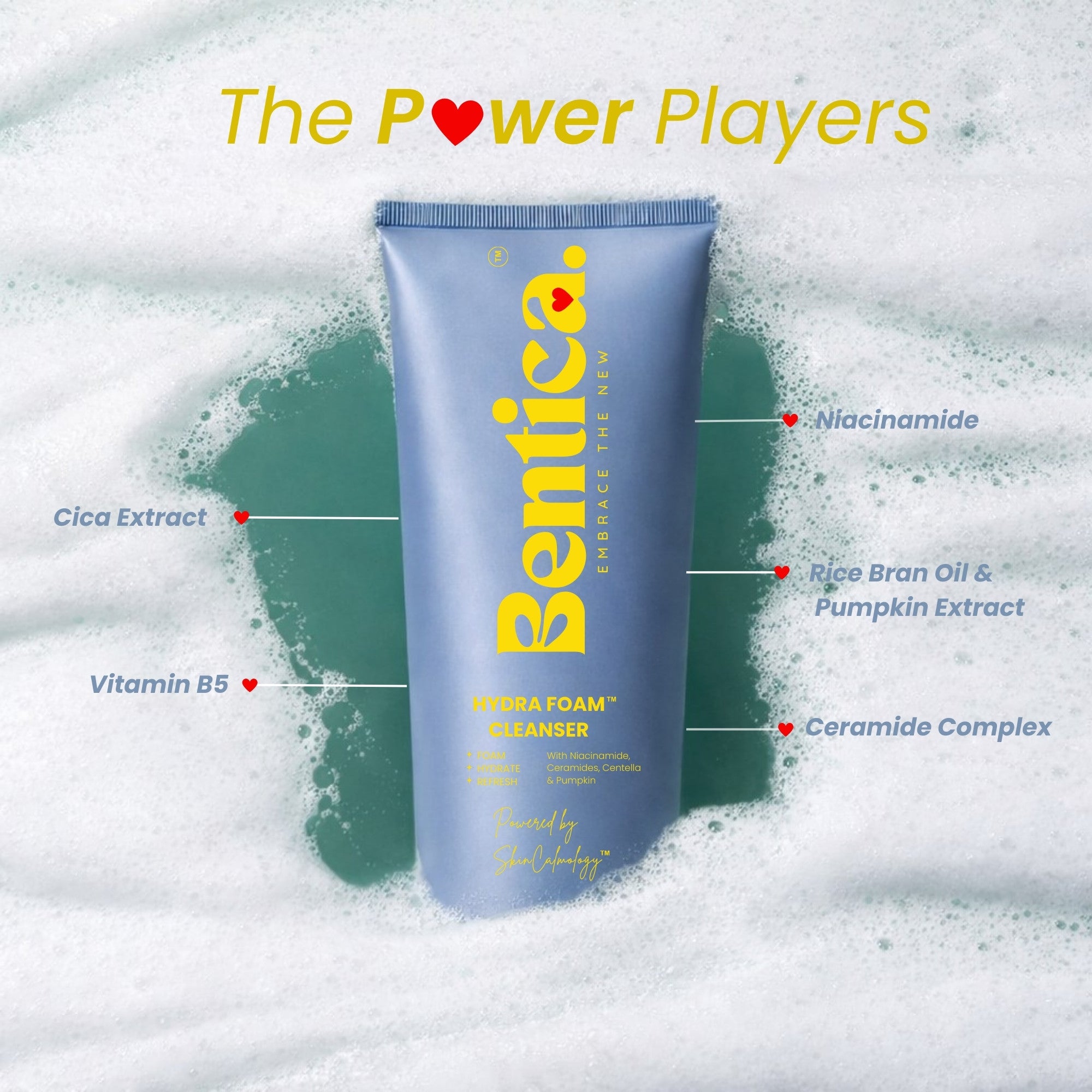 Bentica Hydra Foam Cleanser tube with ingredients listed on a foamy background
