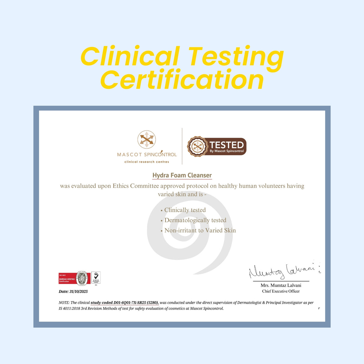 Clinical Testing Certification for Hydra Foam Cleanser with logos and text on a light blue background