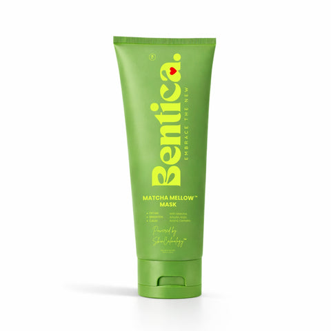 Green tube of Bentica Matcha Mellow Mask on a white background