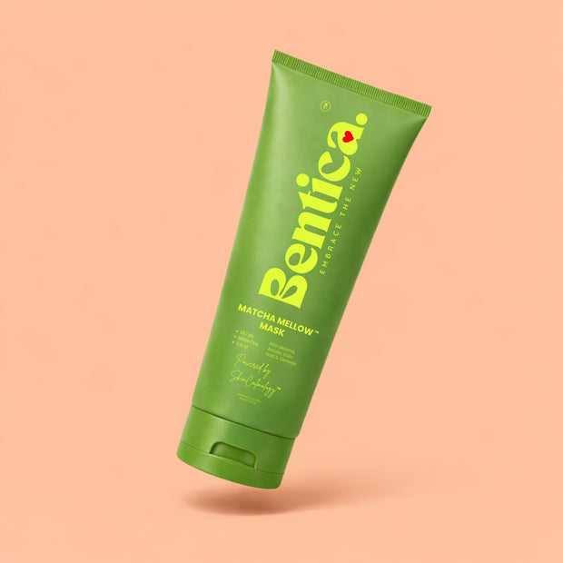 Green tube of Bentica Matcha Mellow Mask on a peach background