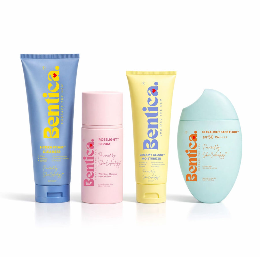 Four Bentic skincare products on a white background