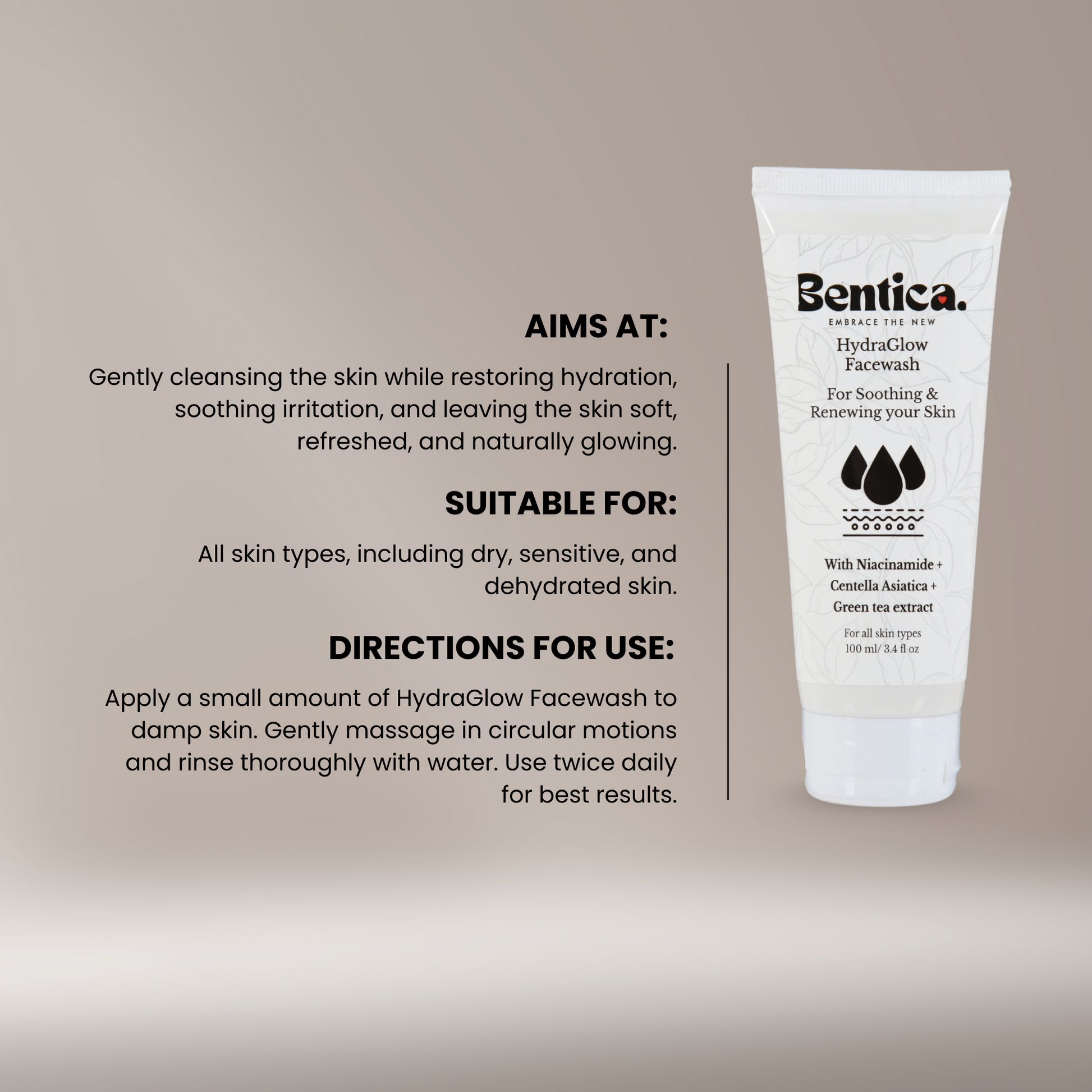 Gentle and hydrating Bentica Hydraglow Facewash on skin with centella asiatica for glowing and bright face