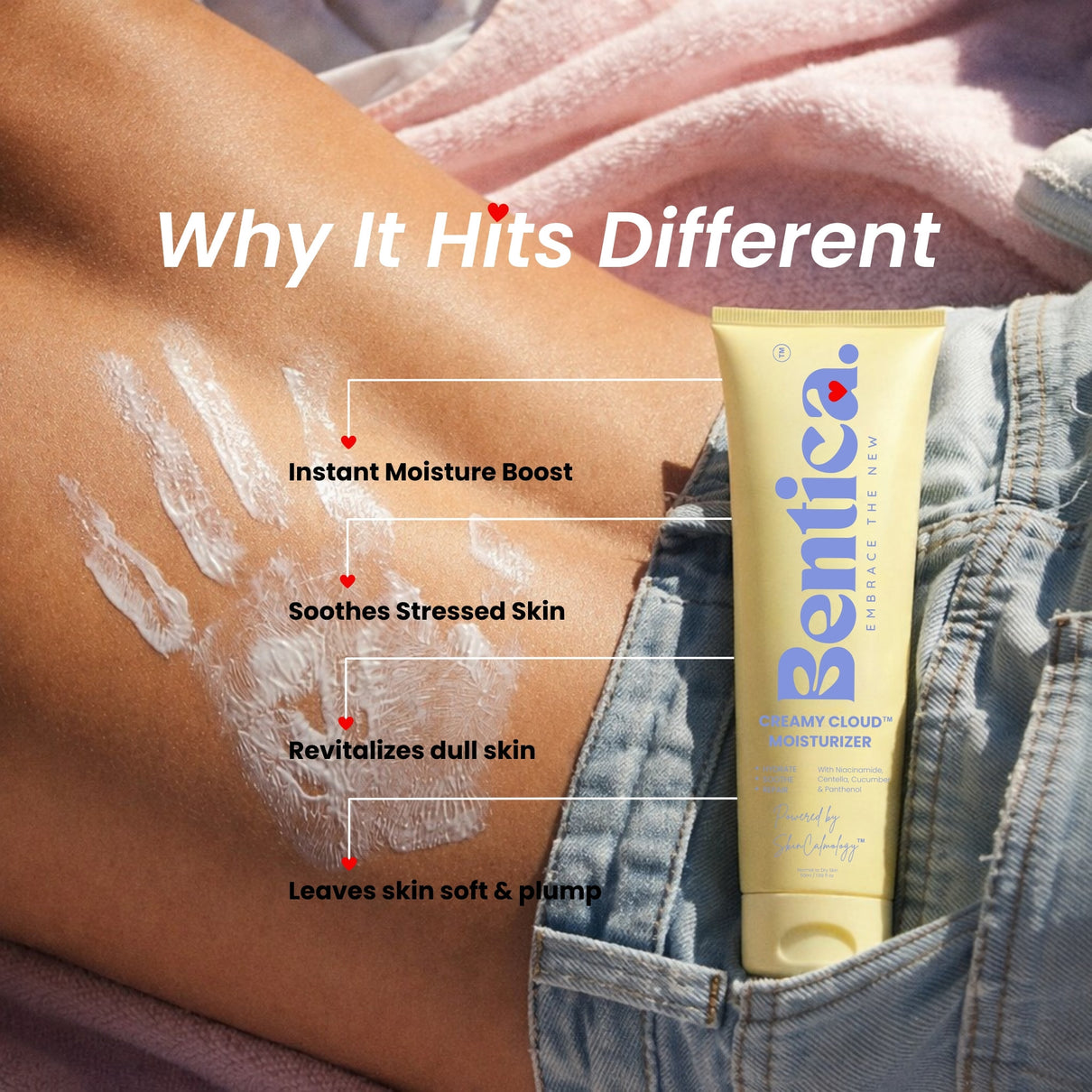 Tube of Bentica lotion with application on skin and text highlighting benefits