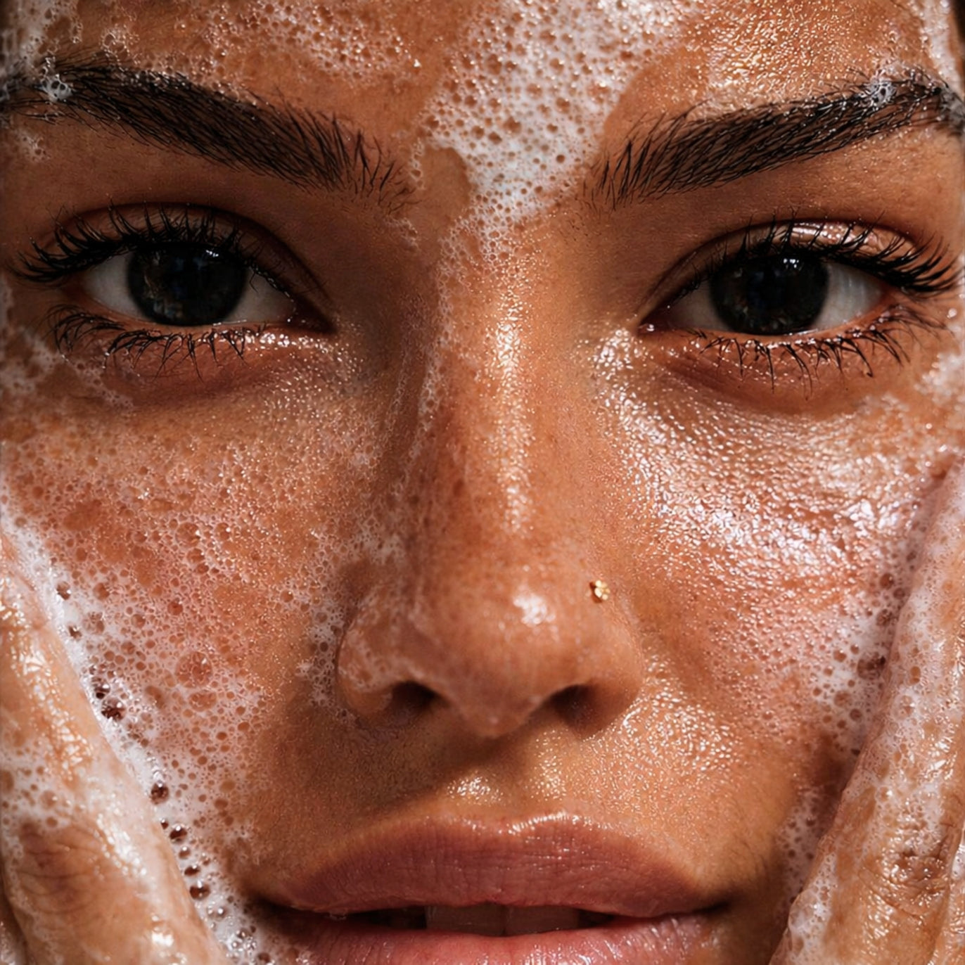 Close-up of a person's face with a brownish-toned scrub on their skin