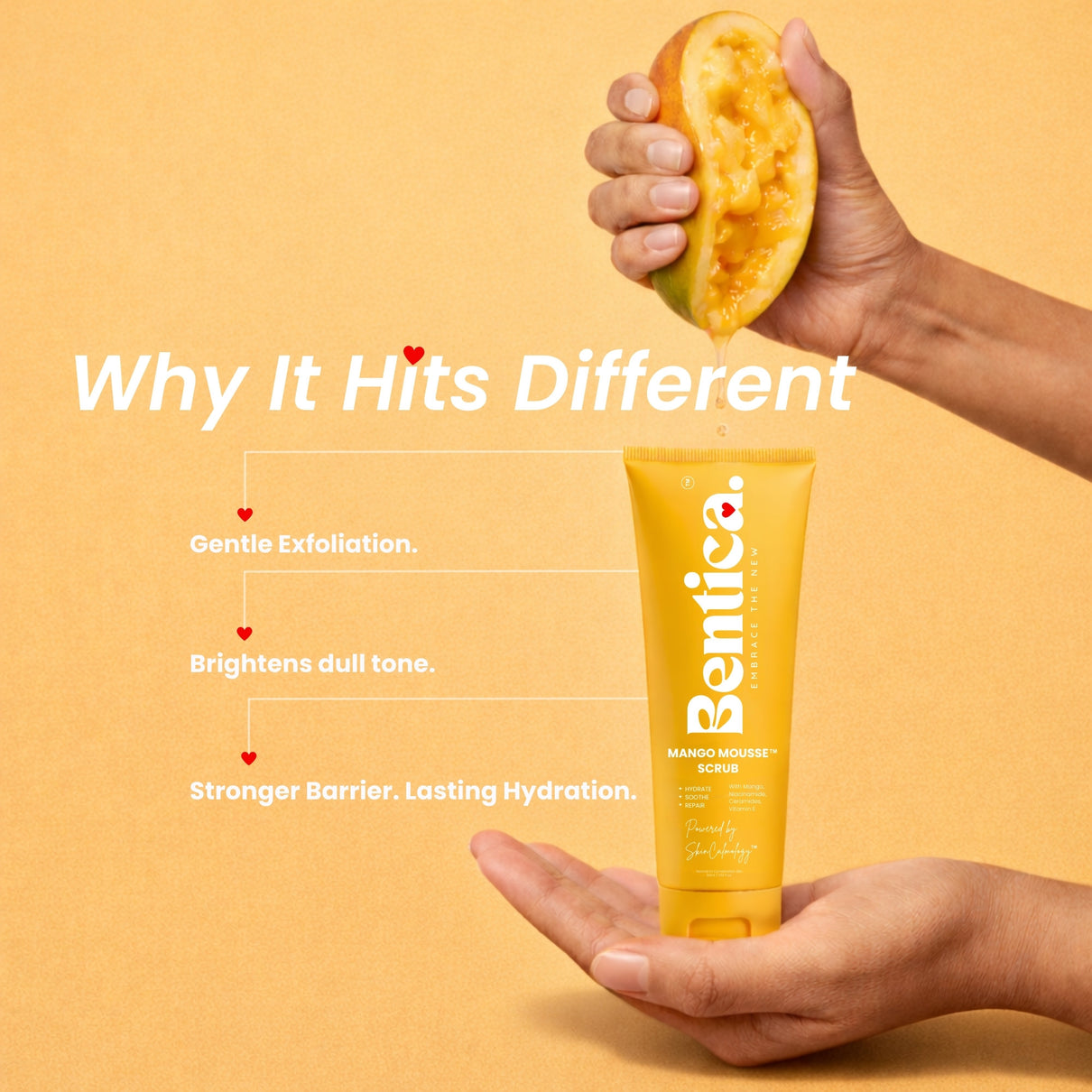 Bentica scrub tube with a hand holding a papaya against a yellow background