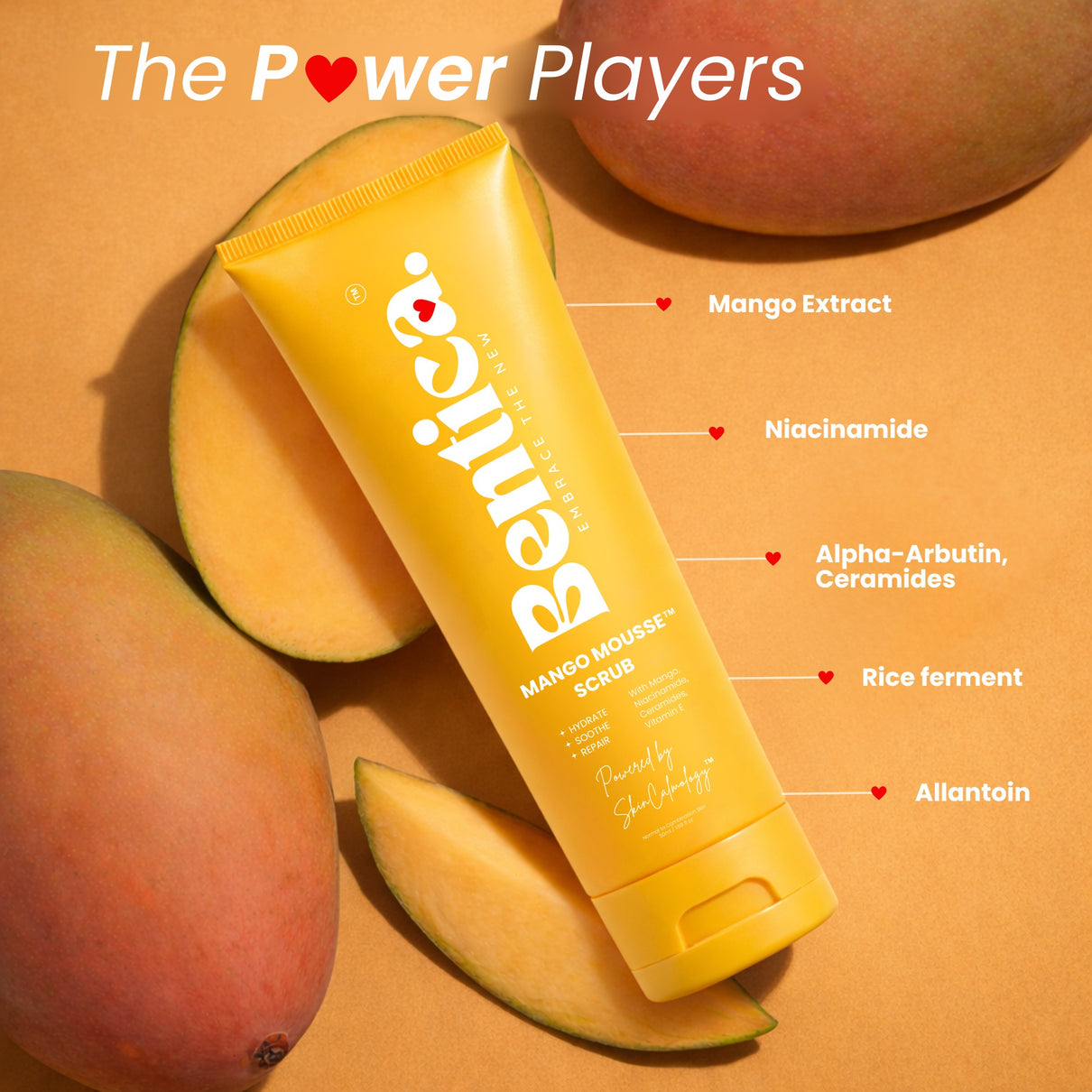Mango Extract Mousse Scrub with ingredients listed on an orange background