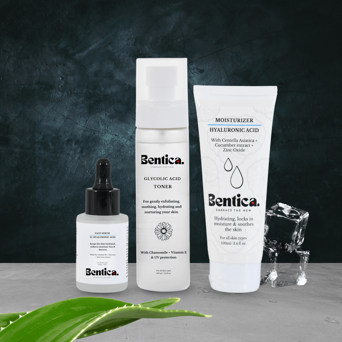 Bentica Night Repair Bundle with HydraFresh Toner hyaluronic acid serum and Hydramist moisturizer for overnight hydration