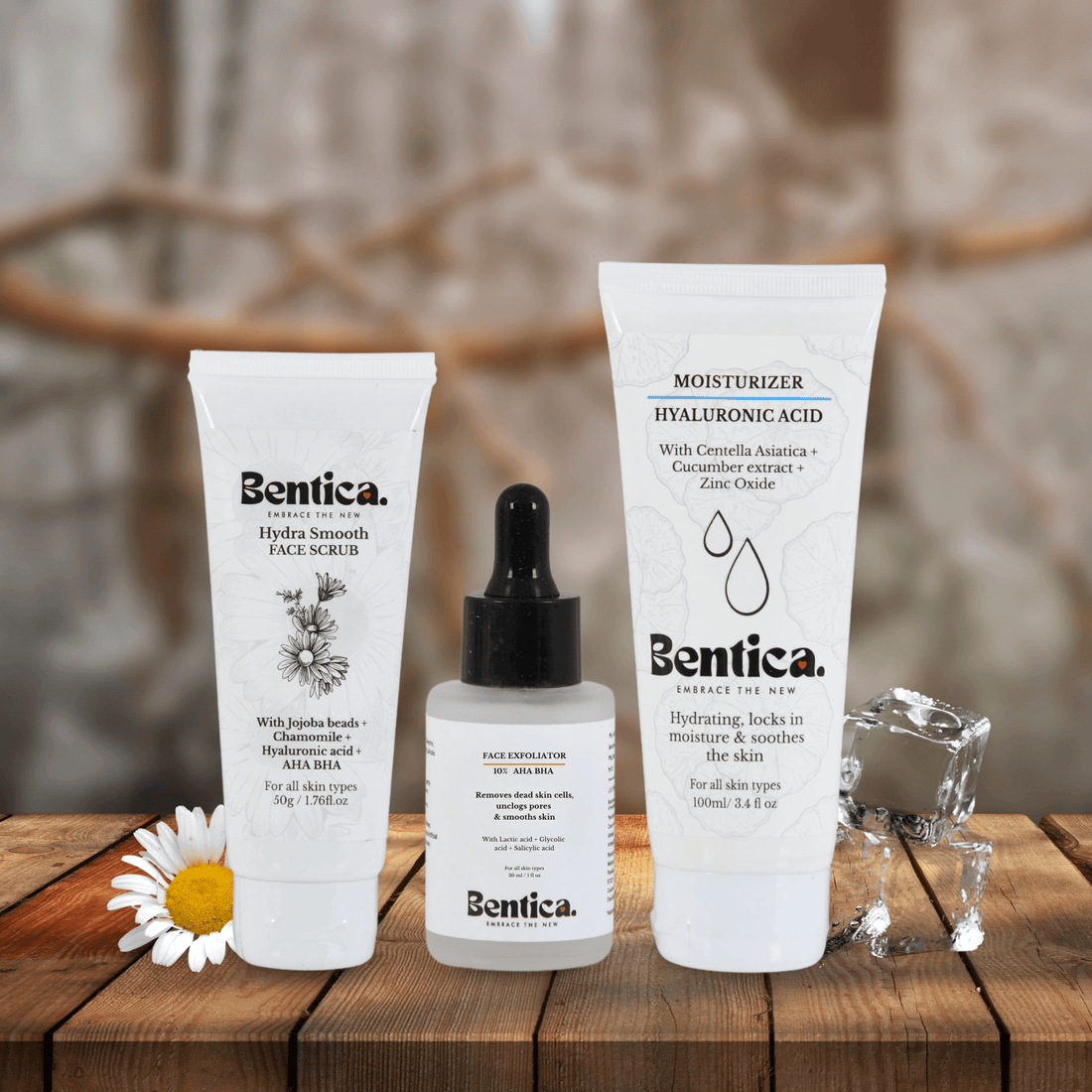Bentica Weekly Care Kit with AHA BHA exfoliating serum HydraSmooth face scrub and Hydramist moisturizer for radiant skin