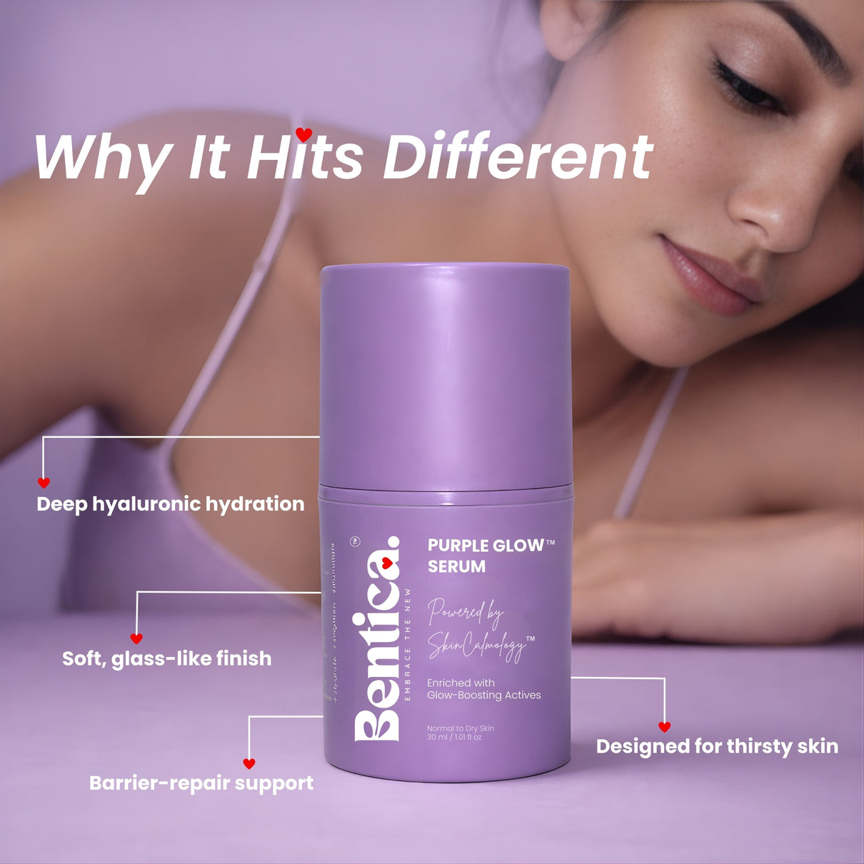 Purple skincare serum bottle with text highlighting benefits on a purple background