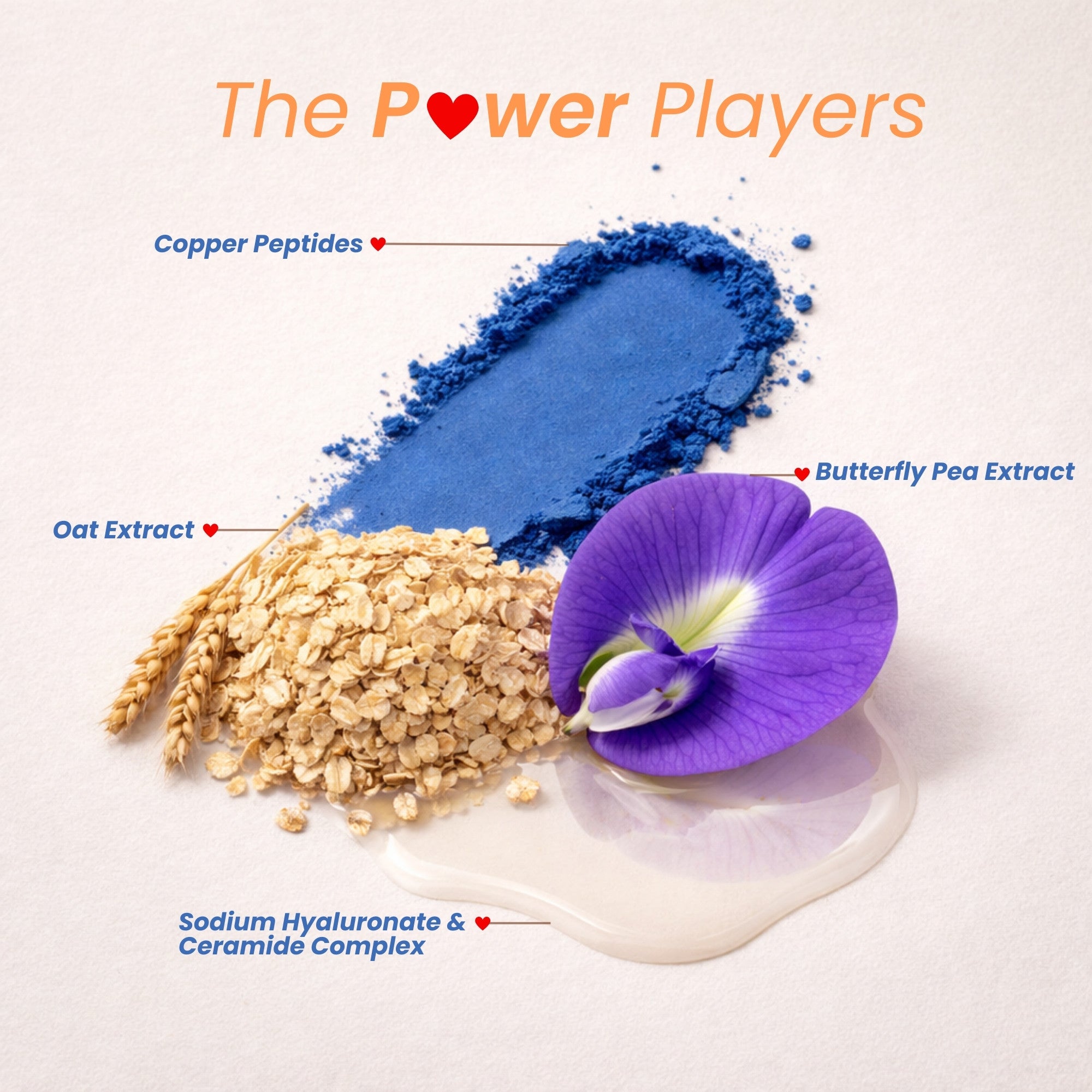 Ingredients including blue powder, oat extract, and purple flower on a white background with 'The Power Players' text.