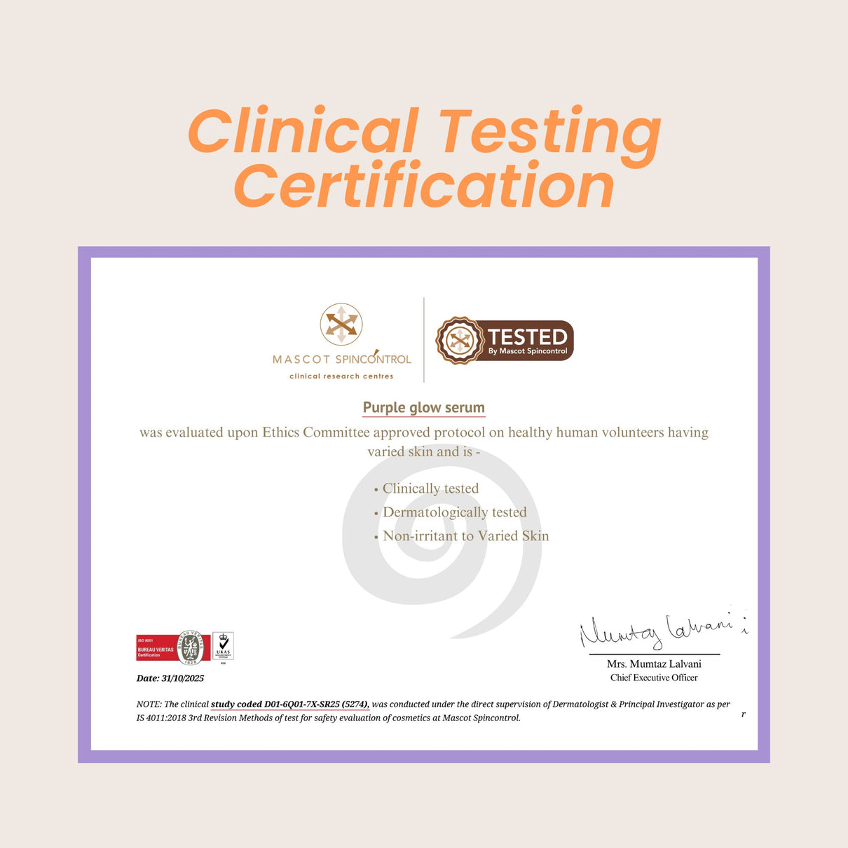 Clinical Testing Certification for a purple glow serum with a purple border on a beige background.