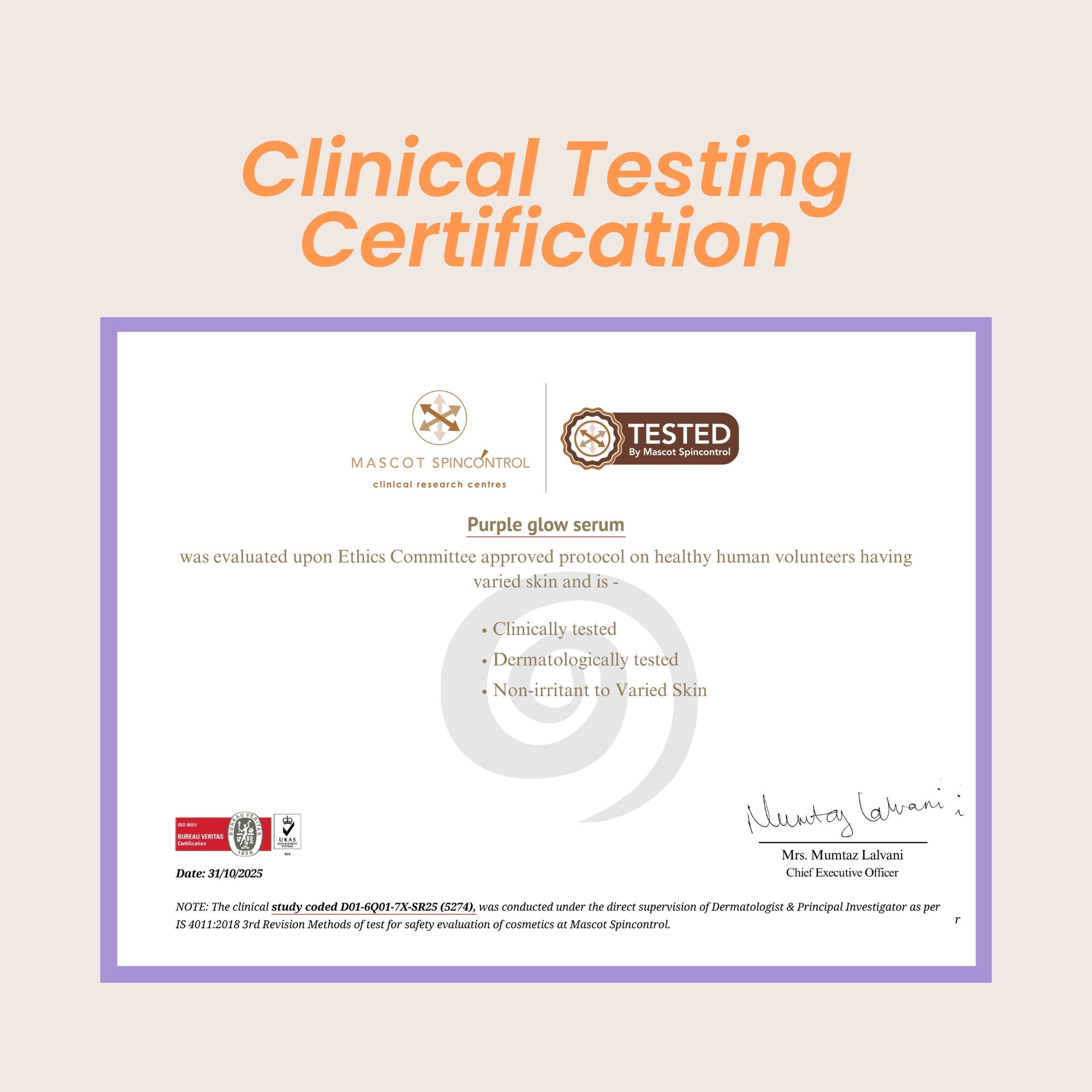 Clinical Testing Certification for a purple glow serum with a purple border on a beige background.