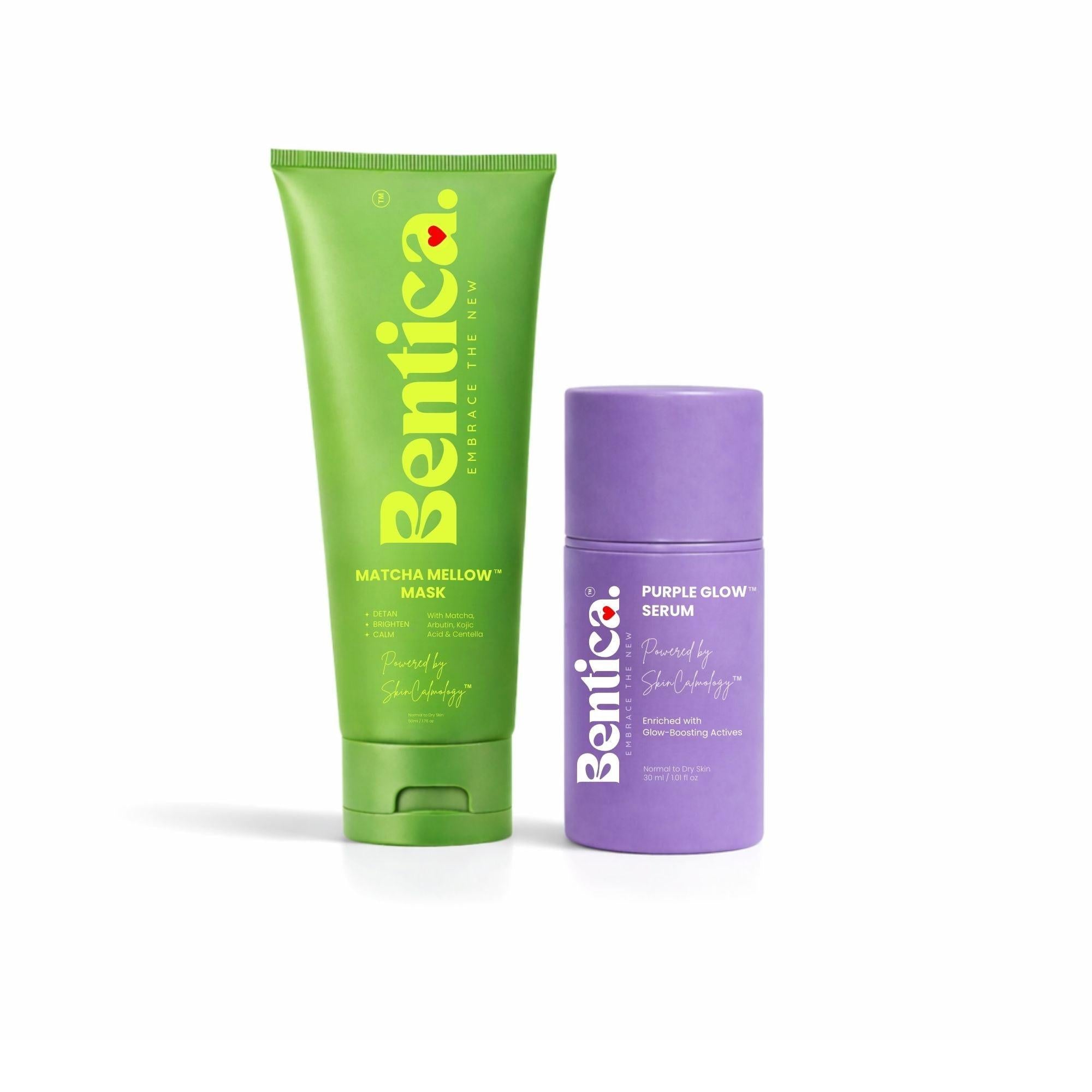 Green mask tube and purple serum bottle with 'Bentica' branding on a white background