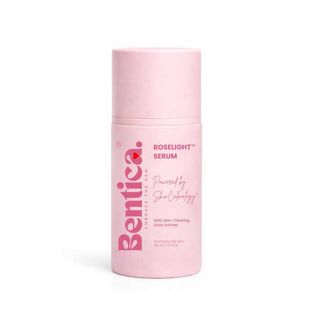Pink serum bottle labeled 'Bentica' on a white background