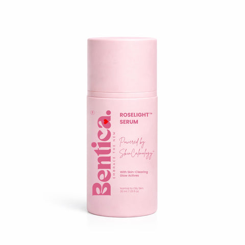 Pink serum bottle labeled 'Bentica' on a white background