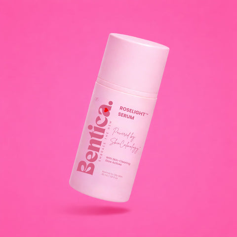 Bentica Roselight Serum bottle on a pink background